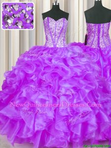 Elegant Sleeveless Floor Length Beading and Ruffles Lace Up 15 Quinceanera Dress with Eggplant Purple