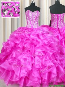 High End Fuchsia Lace Up Sweetheart Beading and Ruffles Sweet 16 Quinceanera Dress Organza Sleeveless