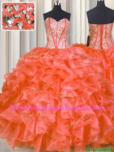 Fitting Orange Red Ball Gowns Beading and Ruffles Quinceanera Dresses Lace Up Organza Sleeveless Floor Length