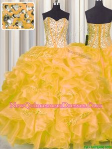Affordable Sleeveless Organza Floor Length Lace Up Quinceanera Gowns inGold withBeading and Ruffles