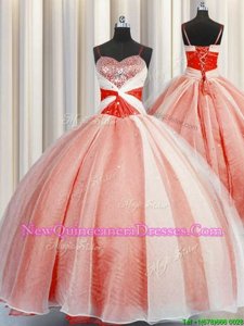 Sophisticated Spaghetti Straps Sleeveless 15 Quinceanera Dress Floor Length Beading and Sequins and Ruching Orange Red Organza