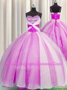 Ideal Spaghetti Straps Floor Length Lace Up Quinceanera Gown Fuchsia and In for Military Ball and Sweet 16 and Quinceanera withBeading and Sequins and Ruching
