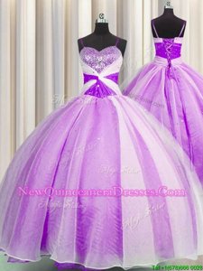 Free and Easy Spaghetti Straps Lilac Lace Up Quince Ball Gowns Beading and Sequins and Ruching Sleeveless Floor Length
