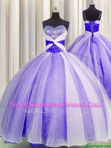 Glittering Lavender Organza Lace Up Spaghetti Straps Sleeveless Floor Length Quinceanera Dresses Beading and Sequins and Ruching