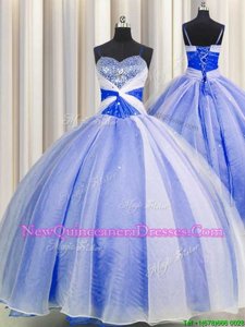 Admirable Lavender and Blue And White Quinceanera Dress Military Ball and Sweet 16 and Quinceanera and For withBeading and Sequins and Ruching Spaghetti Straps Sleeveless Lace Up