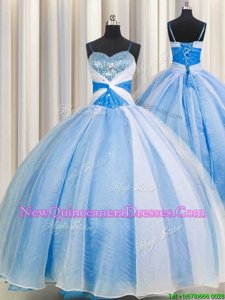 Dazzling Baby Blue Spaghetti Straps Neckline Beading and Sequins and Ruching Quinceanera Gowns Sleeveless Lace Up
