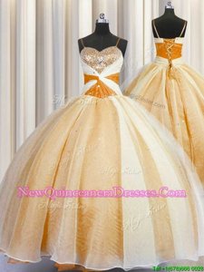 Hot Selling Spaghetti Straps Beading and Ruching Quince Ball Gowns Orange Lace Up Sleeveless Floor Length