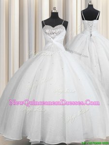 Fancy White Ball Gowns Organza Spaghetti Straps Sleeveless Beading and Ruching Floor Length Lace Up Vestidos de Quinceanera