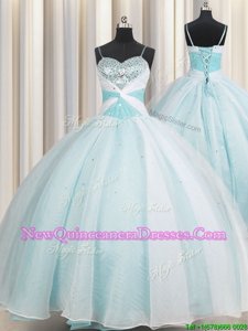 Romantic Spaghetti Straps Spring and Summer and Fall and Winter Organza Sleeveless Floor Length Quince Ball Gowns andBeading and Ruching