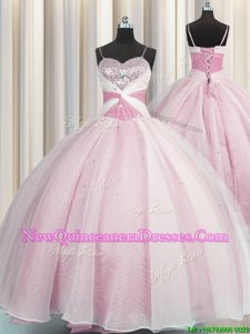 Fantastic Floor Length Rose Pink Quinceanera Gown Spaghetti Straps Sleeveless Lace Up