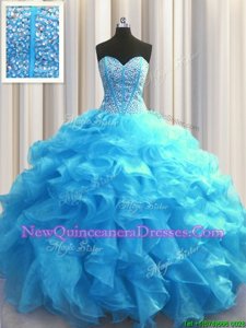 Super Visible Boning Floor Length Baby Blue Quinceanera Gown Sweetheart Sleeveless Lace Up