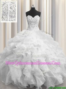 Visible Boning White Organza Lace Up Sweetheart Sleeveless Floor Length Sweet 16 Quinceanera Dress Beading and Ruffles