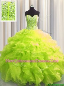 Lovely Visible Boning Yellow Green Sweetheart Neckline Beading and Ruffles Quinceanera Dresses Sleeveless Lace Up