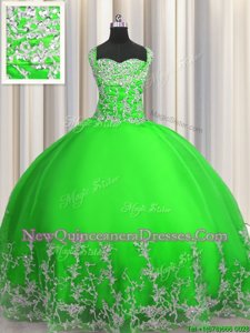 Glittering Green Ball Gowns Beading and Appliques Quinceanera Gowns Lace Up Tulle Sleeveless Floor Length