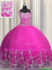 High End Fuchsia Lace Up Straps Beading and Appliques Ball Gown Prom Dress Tulle Sleeveless