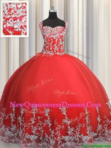 Romantic Coral Red Straps Neckline Beading and Appliques Quince Ball Gowns Sleeveless Lace Up
