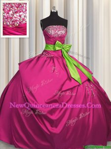 Low Price Fuchsia Ball Gowns Satin Strapless Sleeveless Beading and Ruching and Bowknot Floor Length Lace Up Quinceanera Gowns