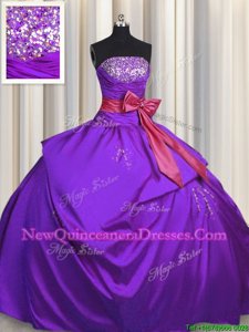 Fine Sleeveless Taffeta Floor Length Lace Up Sweet 16 Dresses inPurple withBeading and Bowknot