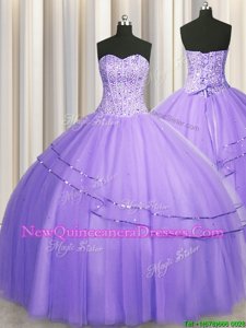 Beautiful Visible Boning Big Puffy Lavender Sweet 16 Dress Military Ball and Sweet 16 and Quinceanera and For withBeading Sweetheart Sleeveless Lace Up