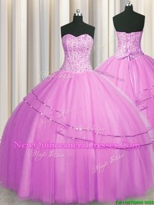 Visible Boning Really Puffy Lilac Tulle Lace Up Vestidos de Quinceanera Sleeveless Floor Length Beading