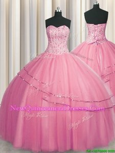 Visible Boning Big Puffy Rose Pink Sweetheart Neckline Beading Sweet 16 Quinceanera Dress Sleeveless Lace Up