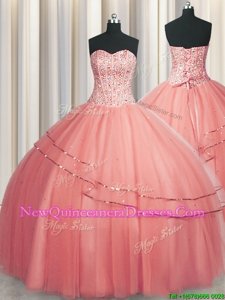 Visible Boning Puffy Skirt Watermelon Red Sleeveless Tulle Lace Up Sweet 16 Dress for Military Ball and Sweet 16 and Quinceanera