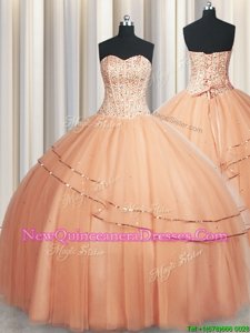 Deluxe Visible Boning Really Puffy Peach Sleeveless Beading and Ruching Floor Length Quinceanera Dresses