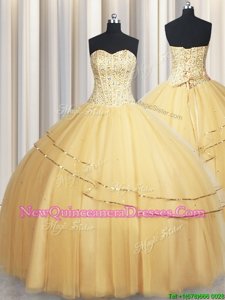 Cheap Visible Boning Big Puffy Light Yellow Ball Gowns Beading and Ruching Quinceanera Gown Lace Up Organza Sleeveless Floor Length