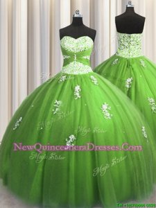 Green Ball Gowns Tulle Sweetheart Sleeveless Beading and Appliques Floor Length Lace Up Sweet 16 Dresses