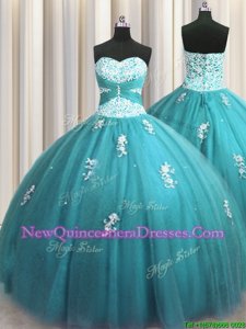 Excellent Floor Length Aqua Blue Ball Gown Prom Dress Halter Top Sleeveless Lace Up