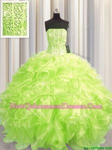 Deluxe Visible Boning Sleeveless Organza Floor Length Lace Up Quinceanera Dresses inYellow Green withBeading and Ruffles