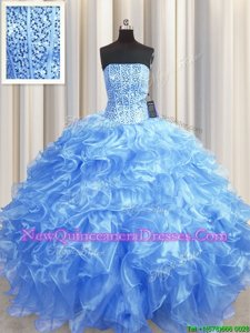 Noble Visible Boning Floor Length Lace Up 15th Birthday Dress Baby Blue and In for Military Ball and Sweet 16 and Quinceanera withBeading and Ruffles