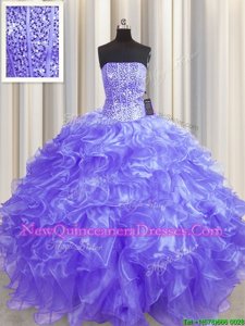New Arrival Visible Boning Lavender 15th Birthday Dress Military Ball and Sweet 16 and Quinceanera and For withBeading and Ruffles Strapless Sleeveless Lace Up