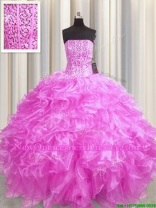 Popular Visible Boning Rose Pink Organza Lace Up 15th Birthday Dress Sleeveless Floor Length Beading and Ruffles