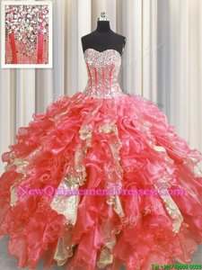Unique Visible Boning Watermelon Red Sweetheart Lace Up Beading and Ruffles and Sequins Ball Gown Prom Dress Sleeveless