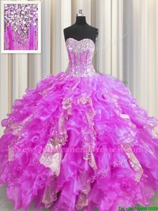 Attractive Sequins Visible Boning Lilac Sleeveless Organza and Sequined Lace Up Sweet 16 Dresses for Military Ball and Sweet 16 and Quinceanera