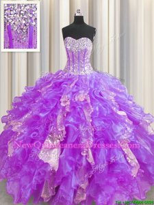 Low Price Visible Boning Lavender Ball Gowns Beading and Ruffles and Sequins Quinceanera Gowns Lace Up Organza and Sequined Sleeveless Floor Length