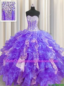 Gorgeous Visible Boning Purple Ball Gowns Beading and Ruffles and Sequins Quince Ball Gowns Lace Up Organza and Sequined Sleeveless Floor Length