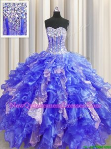 Romantic Visible Boning Sleeveless Organza and Sequined Floor Length Lace Up Quinceanera Dresses inRoyal Blue withBeading and Ruffles and Sequins