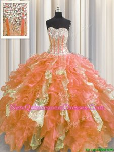 Custom Designed Sequins Visible Boning Floor Length Orange Sweet 16 Quinceanera Dress Sweetheart Sleeveless Lace Up