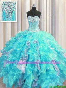 Suitable Visible Boning Sleeveless Lace Up Floor Length Beading and Ruffles and Sequins Quinceanera Dresses