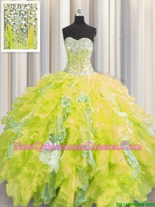 Beauteous Visible Boning Floor Length Yellow Sweet 16 Quinceanera Dress Organza and Sequined Sleeveless Spring and Summer and Fall and Winter Beading and Ruffles and Sequins