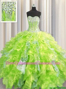 Luxurious Sequins Visible Boning Ball Gowns Ball Gown Prom Dress Yellow Green Sweetheart Organza and Sequined Sleeveless Floor Length Lace Up