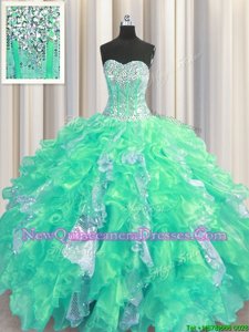 Beautiful Turquoise Sweetheart Neckline Beading and Ruffles and Sequins Quinceanera Dresses Sleeveless Lace Up