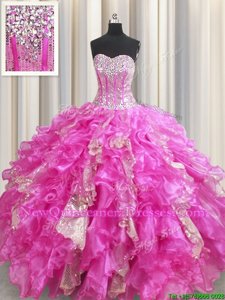 Best Visible Boning Fuchsia Ball Gowns Beading and Ruffles and Sequins Sweet 16 Dresses Lace Up Organza and Sequined Sleeveless Floor Length