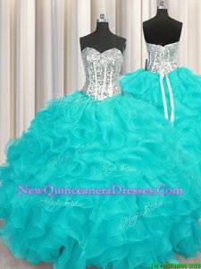 Lovely Beading and Ruffles Sweet 16 Quinceanera Dress Aqua Blue Lace Up Sleeveless Floor Length