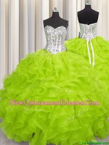 High Quality Yellow Green Ball Gowns Organza Sweetheart Sleeveless Beading and Ruffles Floor Length Lace Up Quinceanera Gown