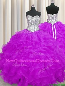 Graceful Purple Organza Lace Up Vestidos de Quinceanera Sleeveless Floor Length Beading and Ruffles