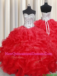 Inexpensive Red Sweetheart Neckline Beading and Ruffles Quinceanera Dress Sleeveless Lace Up