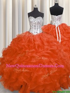 Flirting Orange Red Sleeveless Organza Lace Up Vestidos de Quinceanera for Military Ball and Sweet 16 and Quinceanera